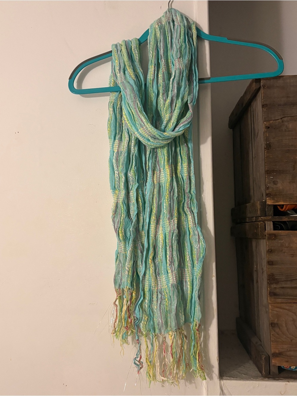 Light Aqua Plaid Multicolour Shirred Crinkle Fringe Long Lightweight Scarf